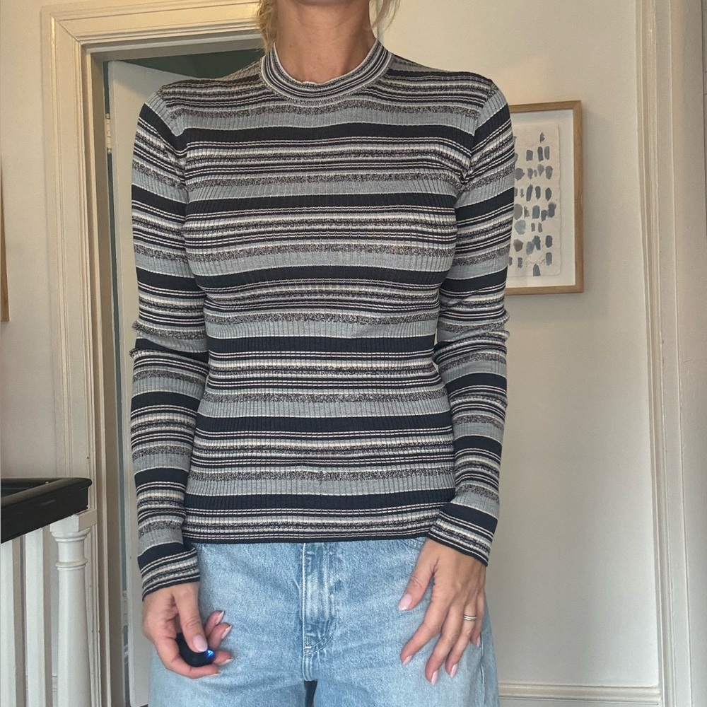 Theory Ribbed Striped Mock Neck Turtleneck Top Gray Blue Black Size M